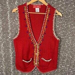 Vintage Ivy Wear Red Sweater Vest Beaded Embroidered Silk Blend Button Front M
